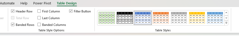 Table Design Options in Excel