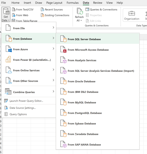 Excel data connection settings