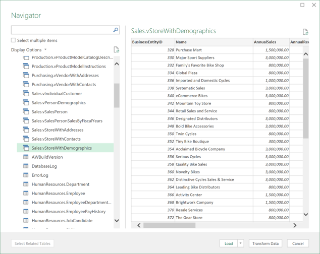 Excel data connection list of tables