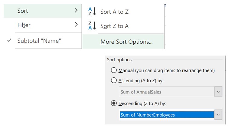 Sorting settings in a Pivot Table in Excel