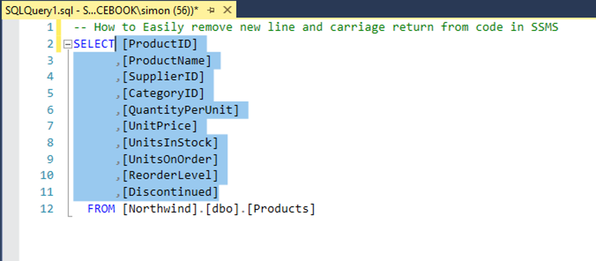 Selected code highlighted in SQL