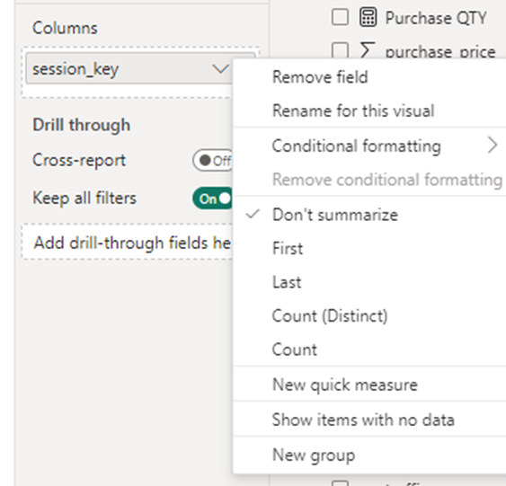 Example of the aggregation fields on an implicit measure in Power BI